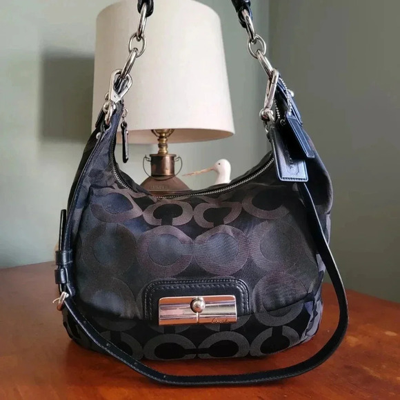 Coach Black Kristen Op Art Hobo Black Signature Jacquard and Leather #16811 - Picture 1 of 16